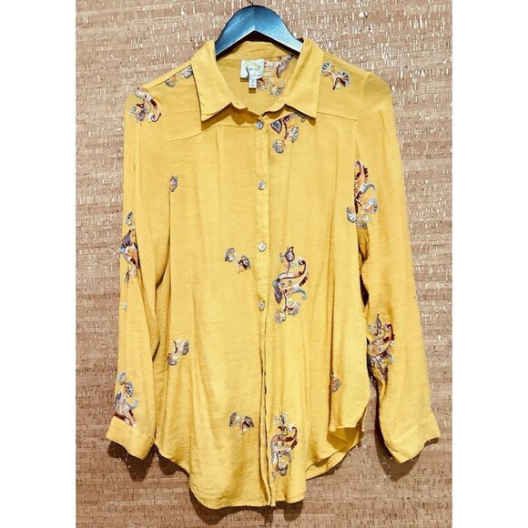 fig and flower L Large Yellow Boho Floral Embroidered Button Roll Tab Shirt Top - Picture 1 of 9
